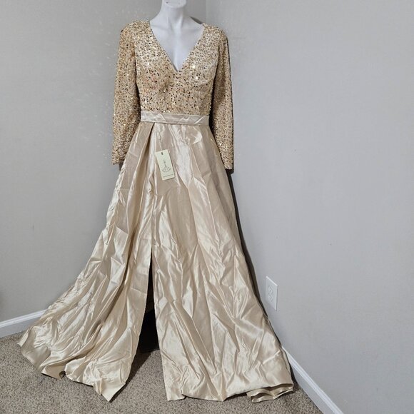 (Fits 14) NWT Unbranded Champagne-Gold Velvet-Sequin Ballgown w Satin Skirt - Picture 2 of 11